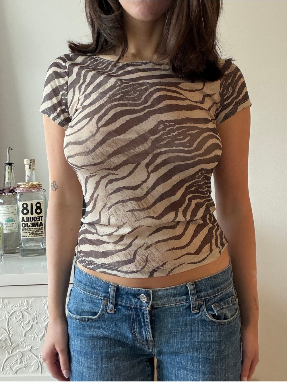 Motel Rocks Zebra-Print Short Sleeve Mesh Top